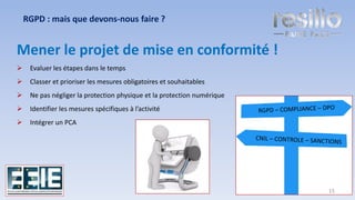 Mener le projet de mise en conformité !
➢ Evaluer les étapes dans le temps
➢ Classer et prioriser les mesures obligatoires et souhaitables
➢ Ne pas négliger la protection physique et la protection numérique
➢ Identifier les mesures spécifiques à l’activité
➢ Intégrer un PCA
RGPD : mais que devons-nous faire ?
15
 