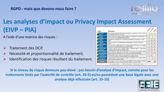 Les analyses d’impact ou Privacy Impact Assessment
(EIVP – PIA)
A l’aide d’une matrice des risques :
➢ Traitement des DCP,
➢ Nécessité et proportionnalité de traitement,
➢ Identification des risques résultant du traitement.
Si le niveau de risque demeure peu élevé : pas besoin d’analyse d’impact, comme pour les
traitements listés par l’autorité de contrôle (art. 35-5) et/ou possédant une base légale avec une
analyse déjà effectuée (art. 35-10)
RGPD : mais que devons-nous faire ?
20
 