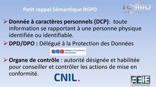 Petit rappel Sémantique RGPD
➢Donnée à caractères personnels (DCP): toute
information se rapportant à une personne physique
identifiée ou identifiable.
➢DPD/DPO : Délégué à la Protection des Données
➢Organe de contrôle : autorité désignée et habilitée
pour conseiller et contrôler les actions de mise en
conformité.
5
 