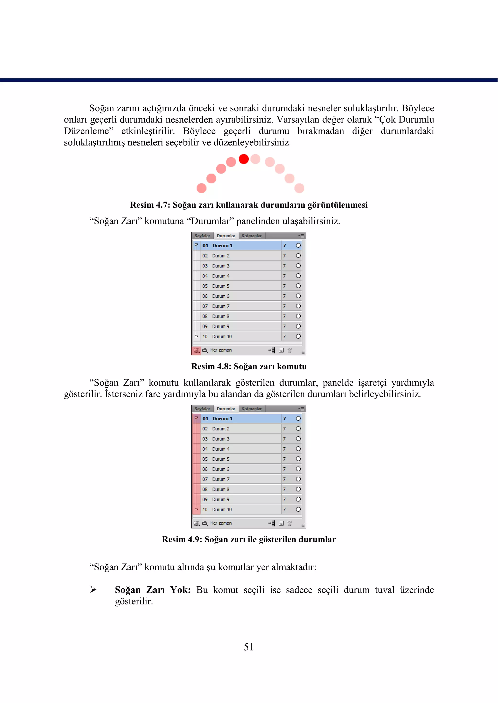 Soğan zarını açtığınızda önceki ve sonraki durumdaki nesneler soluklaĢtırılır. Böylece
onları geçerli durumdaki nesnelerden ayırabilirsiniz. Varsayılan değer olarak “Çok Durumlu
Düzenleme” etkinleĢtirilir. Böylece geçerli durumu bırakmadan diğer durumlardaki
soluklaĢtırılmıĢ nesneleri seçebilir ve düzenleyebilirsiniz.




                Resim 4.7: Soğan zarı kullanarak durumların görüntülenmesi
      “Soğan Zarı” komutuna “Durumlar” panelinden ulaĢabilirsiniz.




                                Resim 4.8: Soğan zarı komutu
      “Soğan Zarı” komutu kullanılarak gösterilen durumlar, panelde iĢaretçi yardımıyla
gösterilir. Ġsterseniz fare yardımıyla bu alandan da gösterilen durumları belirleyebilirsiniz.




                        Resim 4.9: Soğan zarı ile gösterilen durumlar


      “Soğan Zarı” komutu altında Ģu komutlar yer almaktadır:

           Soğan Zarı Yok: Bu komut seçili ise sadece seçili durum tuval üzerinde
            gösterilir.



                                             51
 