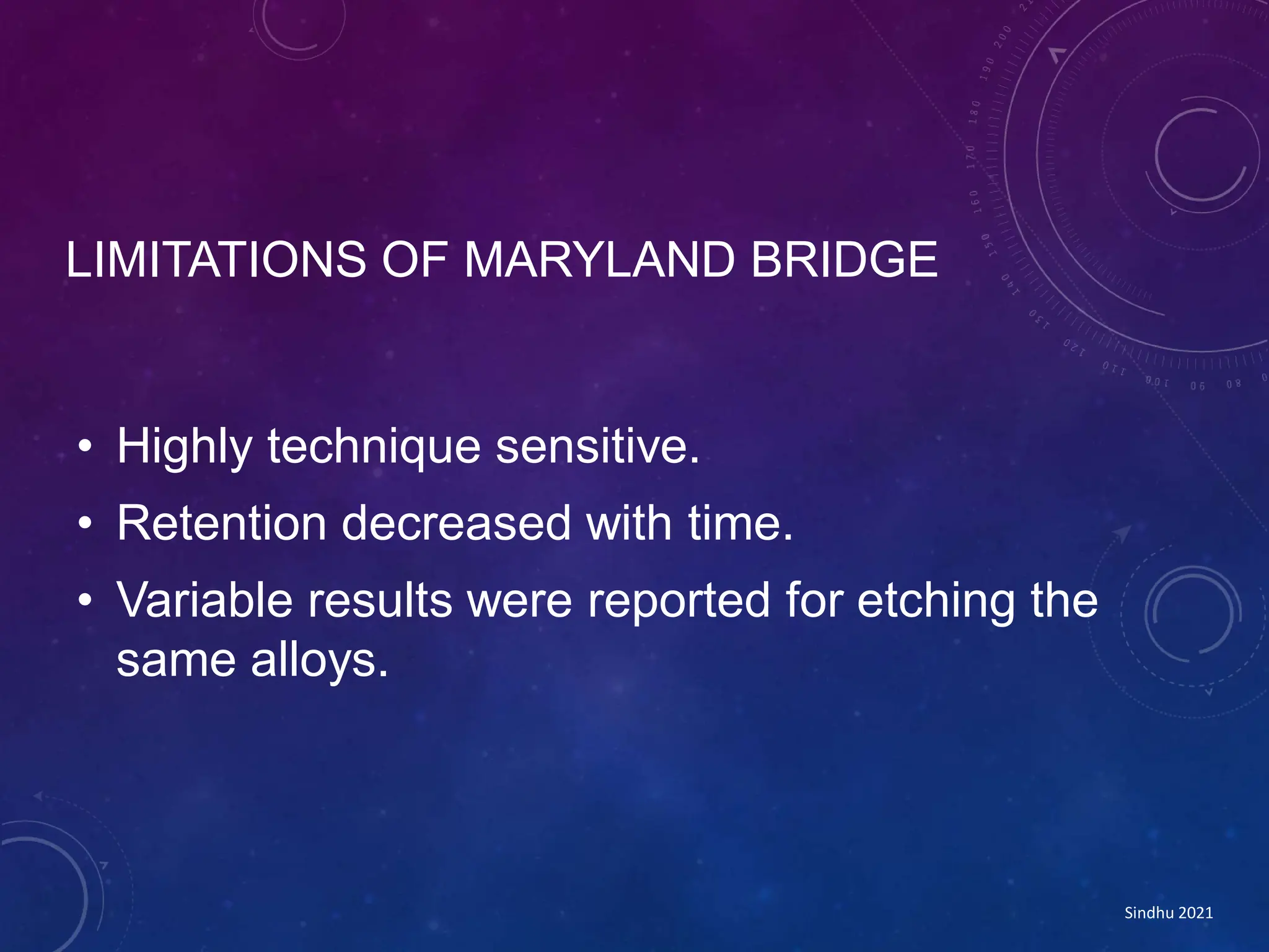 LIMITATIONS OF MARYLAND BRIDGE
• Highly technique sensitive.
• Retention decreased with time.
• Variable results were reported for etching the
same alloys.
Sindhu 2021
 