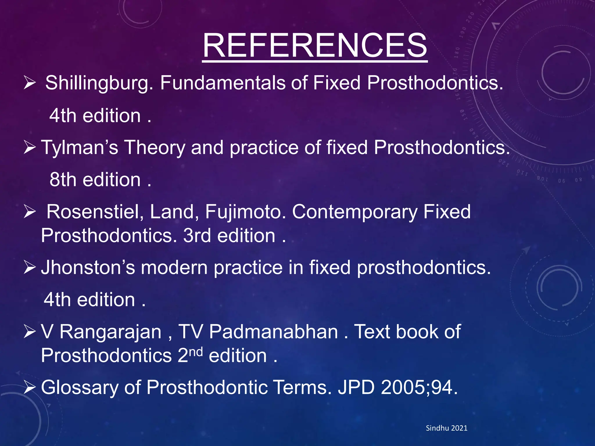 REFERENCES
 Shillingburg. Fundamentals of Fixed Prosthodontics.
4th edition .
Tylman’s Theory and practice of fixed Prosthodontics.
8th edition .
 Rosenstiel, Land, Fujimoto. Contemporary Fixed
Prosthodontics. 3rd edition .
Jhonston’s modern practice in fixed prosthodontics.
4th edition .
V Rangarajan , TV Padmanabhan . Text book of
Prosthodontics 2nd edition .
Glossary of Prosthodontic Terms. JPD 2005;94.
Sindhu 2021
 