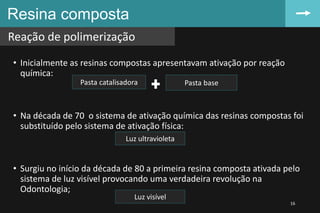 • Inicialmente as resinas compostas apresentavam ativação por reação
química:
• Na década de 70 o sistema de ativação química das resinas compostas foi
substituído pelo sistema de ativação física:
• Surgiu no início da década de 80 a primeira resina composta ativada pelo
sistema de luz visível provocando uma verdadeira revolução na
Odontologia;
Resina composta
Reação de polimerização
16
Pasta catalisadora Pasta base
Luz ultravioleta
Luz visível
 