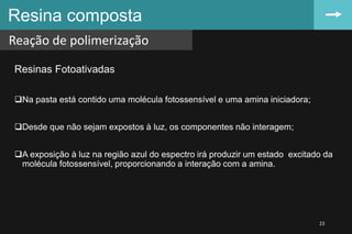 Resinas Fotoativadas
Na pasta está contido uma molécula fotossensível e uma amina iniciadora;
Desde que não sejam expostos à luz, os componentes não interagem;
A exposição à luz na região azul do espectro irá produzir um estado excitado da
molécula fotossensível, proporcionando a interação com a amina.
Resina composta
Reação de polimerização
23
 
