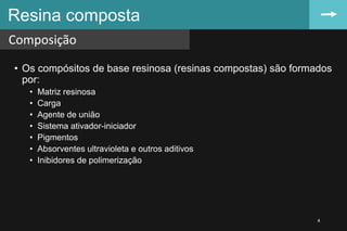 • Os compósitos de base resinosa (resinas compostas) são formados
por:
• Matriz resinosa
• Carga
• Agente de união
• Sistema ativador-iniciador
• Pigmentos
• Absorventes ultravioleta e outros aditivos
• Inibidores de polimerização
Resina composta
Composição
4
 