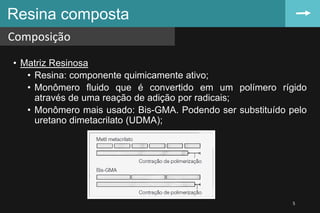 • Matriz Resinosa
• Resina: componente quimicamente ativo;
• Monômero fluido que é convertido em um polímero rígido
através de uma reação de adição por radicais;
• Monômero mais usado: Bis-GMA. Podendo ser substituído pelo
uretano dimetacrilato (UDMA);
Resina composta
Composição
5
 