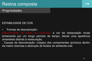 Resina composta
Propriedades
56
ESTABILIDADE DE COR
• Formas de descoloração:
Descoloração de corpo ou profunda: a cor da restauração muda
lentamente por um longo período de tempo, dando uma aparência
amarelada distinta à restauração.
. Causas da descoloração: colapso dos componentes químicos dentro
da matriz resinosa e absorção de fluidos do ambiente oral.
 