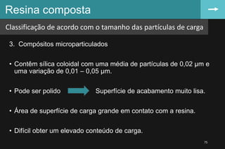 3. Compósitos microparticulados
• Contêm sílica coloidal com uma média de partículas de 0,02 µm e
uma variação de 0,01 – 0,05 µm.
• Pode ser polido Superfície de acabamento muito lisa.
• Área de superfície de carga grande em contato com a resina.
• Difícil obter um elevado conteúdo de carga.
Resina composta
75
Classificação de acordo com o tamanho das partículas de carga
 