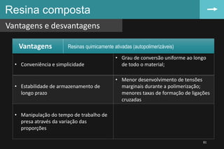 • Conveniência e simplicidade
• Grau de conversão uniforme ao longo
de todo o material;
• Estabilidade de armazenamento de
longo prazo
• Menor desenvolvimento de tensões
marginais durante a polimerização;
menores taxas de formação de ligações
cruzadas
• Manipulação do tempo de trabalho de
presa através da variação das
proporções
Resina composta
Vantagens e desvantagens
81
Vantagens Resinas quimicamente ativadas (autopolimerizáveis)
 