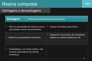 Resina composta
Vantagens e desvantagens
83
• Não há necessidade de mistura; pouca
porosidade; menos manchamento;
• Tempo controlável pelo clínico
• Melhores propriedades mecânicas;
• Pequenos incrementos de compósitos
podem ser polimerizados por vez
• Estabilidade e cor muito melhor; não
incluem aceleradores de aminas
aromáticas
Vantagens Resinas fotopolimerizáveis (ativadas por luz)
 