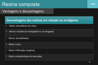 Resina composta
Vantagens e desvantagens
88
• Maior reincidência de cárie;
• Menor resistência mastigatória e ao desgaste;
• Menor durabilidade;
• Maior custo;
• Maior infiltração marginal;
• Maior complexidade de execução;
Desvantagens das resinas em relação ao amálgama
 