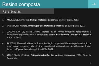 Resina composta
Referências
98
1. ANUSAVICE, Kenneth J. Phillips materiais dentários. Elsevier Brasil, 2013.
2. VAN NOORT, Richard. Introdução aos materiais dentários. Elsevier Brasil, 2011.
3. COELHO SANTOS, Maria Jacinta Moraes et al. Novos conceitos relacionados à
fotopolimerização das resinas compostas. Jornal Brasileiro de Dentística & Estética,
v. 1, n. 1, 2010.
4. RASTELLI, Alessandra Nara de Souza. Avaliação da profundidade de polimerização de
uma resina composta, pela técnica trans-dental, utilizando-se três diferentes fontes
de luz: halógena, laser de argônio e LEDs. 2002.
5. STOLF, Sheila Cristina. Fotopolimerização das resinas compostas. 2004. Tese de
Doutorado.
 