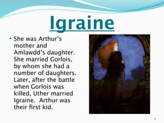 Igraine
 She was Arthur’s
 mother and
 Amlawdd’s daughter.
 She married Gorlois,
 by whom she had a
 number of daughters.
 Later, after the battle
 when Gorlois was
 killed, Uther married
 Igraine. Arthur was
 their ﬁrst kid.
                           4
 