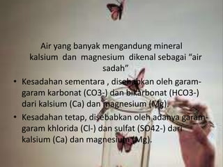 Air yang banyak mengandung mineral
kalsium dan magnesium dikenal sebagai “air
sadah”
• Kesadahan sementara , disebabkan oleh garam-
garam karbonat (CO3-) dan bikarbonat (HCO3-)
dari kalsium (Ca) dan magnesium (Mg).
• Kesadahan tetap, disebabkan oleh adanya garam-
garam khlorida (Cl-) dan sulfat (SO42-) dari
kalsium (Ca) dan magnesium (Mg).
 