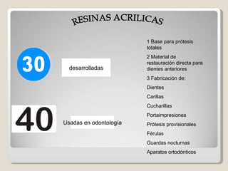 desarrolladas Usadas en odontología RESINAS ACRILICAS  1 Base para prótesis totales  2 Material de restauración directa para dientes anteriores  3 Fabricación de:  Dientes  Carillas Cucharillas Portaimpresiones Prótesis provisionales  Férulas  Guardas nocturnas Aparatos ortodónticos 