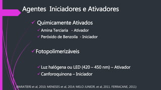 Agentes Iniciadores e Ativadores
 Quimicamente Ativados
 Amina Terciaria - Ativador
 Peróxido de Benzoila - Iniciador
Fotopolimerizáveis
Luz halógena ou LED (420 – 450 nm) – Ativador
Canforoquinona – Iniciador
(BARATIERI et al, 2010; MENESES et al, 2014; MELO JUNIOR, et al, 2011. FERRACANE, 2011)
 