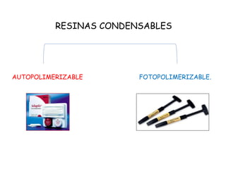 RESINAS CONDENSABLES
FOTOPOLIMERIZABLE.AUTOPOLIMERIZABLE
 