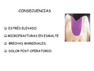  ESTRÉS ELEVADO.
 MICROFRACTURAS EN ESMALTE
 BRECHAS MARGINALES.
 DOLOR POST-OPERATORIO.
CONSECUENCIAS
 
