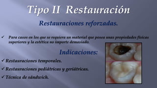 Tipo II Restauración
Restauraciones reforzadas.
✓ Para casos en los que se requiera un material que posea unas propiedades físicas
superiores y la estética no importe demasiado.
Indicaciones:
✓ Restauraciones temporales.
✓ Restauraciones pediátricas y geriátricas.
✓ Técnica de sándwich.
 