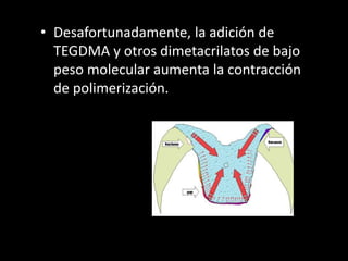 • Desafortunadamente, la adición de
TEGDMA y otros dimetacrilatos de bajo
peso molecular aumenta la contracción
de polimerización.
 