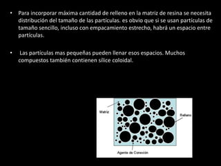 • Para incorporar máxima cantidad de relleno en la matriz de resina se necesita
distribución del tamaño de las partículas. es obvio que si se usan partículas de
tamaño sencillo, incluso con empacamiento estrecho, habrá un espacio entre
partículas.
• Las partículas mas pequeñas pueden llenar esos espacios. Muchos
compuestos también contienen sílice coloidal.
 