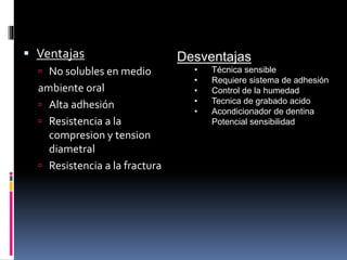  Ventajas
 No solubles en medio
ambiente oral
 Alta adhesión
 Resistencia a la
compresion y tension
diametral
 Resistencia a la fractura
Desventajas
• Técnica sensible
• Requiere sistema de adhesión
• Control de la humedad
• Tecnica de grabado acido
• Acondicionador de dentina
Potencial sensibilidad
 