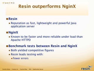 Resin outperforms NginX

     •Resin
         • Reputation as fast, lightweight and powerful Java
             application server

     •NginX
         • Known to be faster and more reliable under load than
             Apache HTTPD

     •Benchmark tests between Resin and NginX
         • Both yielded competitive ﬁgures
         • Resin leads testing with:
             • Fewer errors


Caucho Home | Contact Us | Caucho Blog | Wiki | Application Server
 