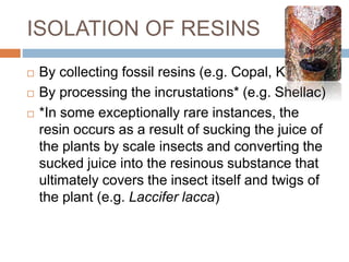 ISOLATION OF RESINS
 By collecting fossil resins (e.g. Copal, Kaury)
 By processing the incrustations* (e.g. Shellac)
 *In some exceptionally rare instances, the
resin occurs as a result of sucking the juice of
the plants by scale insects and converting the
sucked juice into the resinous substance that
ultimately covers the insect itself and twigs of
the plant (e.g. Laccifer lacca)
 