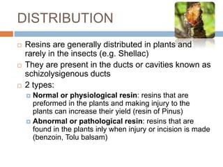 DISTRIBUTION
 Resins are generally distributed in plants and
rarely in the insects (e.g. Shellac)
 They are present in the ducts or cavities known as
schizolysigenous ducts
 2 types:
 Normal or physiological resin: resins that are
preformed in the plants and making injury to the
plants can increase their yield (resin of Pinus)
 Abnormal or pathological resin: resins that are
found in the plants inly when injury or incision is made
(benzoin, Tolu balsam)
 