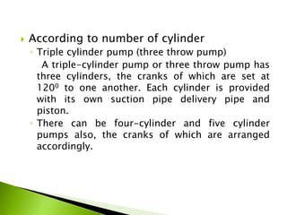  According to number of cylinder
◦ Triple cylinder pump (three throw pump)
A triple-cylinder pump or three throw pump has
three cylinders, the cranks of which are set at
1200 to one another. Each cylinder is provided
with its own suction pipe delivery pipe and
piston.
◦ There can be four-cylinder and five cylinder
pumps also, the cranks of which are arranged
accordingly.
 