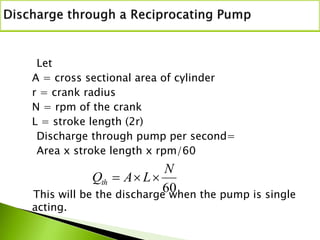 Let
A = cross sectional area of cylinder
r = crank radius
N = rpm of the crank
L = stroke length (2r)
Discharge through pump per second=
Area x stroke length x rpm/60
This will be the discharge when the pump is single
acting.
60
N
LAQth 
 