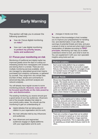Early Warning
17
RESIST 2: Counter-disinformation toolkit overview
This section will help you to answer the
following ques...