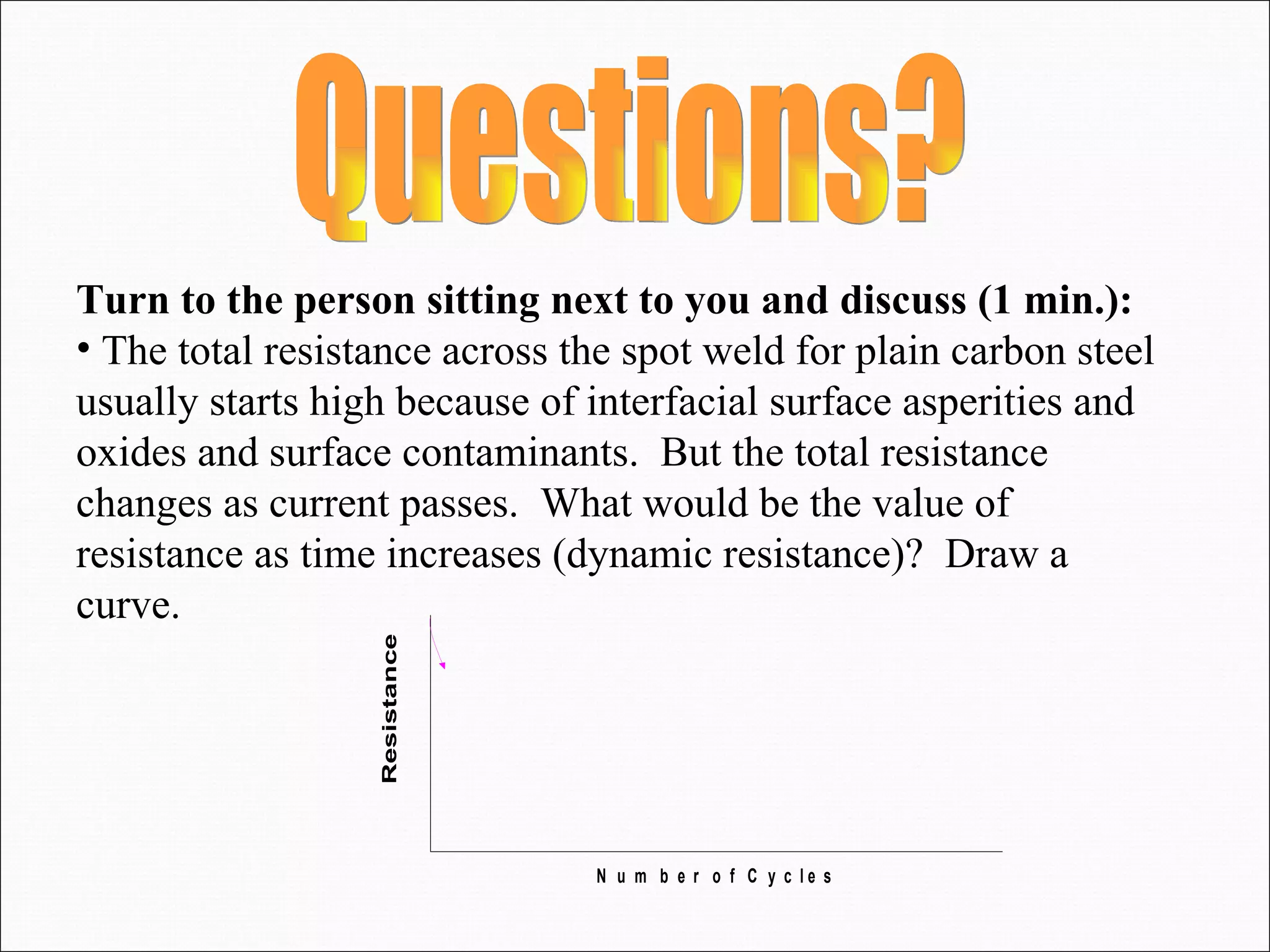 Questions? Turn to the person sitting next to you and discuss (1 min.): The total resistance across the spot weld for plain carbon steel usually starts high because of interfacial surface asperities and oxides and surface contaminants.  But the total resistance changes as current passes.  What would be the value of resistance as time increases (dynamic resistance)?  Draw a curve. 