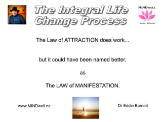 www.MINDwell.nz Dr Eddie Barnett
The Law of ATTRACTION does work...
but it could have been named better.
as
The LAW of MANIFESTATION.
 