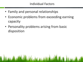 Individual Factors
• Family and personal relationships
• Economic problems from exceeding earning
capacity
• Personality p...