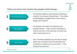 - 6 -Confidential not to be used without consent
‘If it ain’t broke, don’t fix it’
‘I am not ready’
–  This attitude underpins most instances of holding on
to past or current ways of doing things – “if we refuse
to acknowledge the problem then we don’t have to
engage with a solution”
–  This is not being prepared to pay the cost of change,
where cost is emotional due to the disruption and
uncertainty or inability to see a new future – “I like
things the way they are”
‘It won’t work here –
we’re different’
–  This attitude is the root of not believing in the
proposed solution – “either we don’t understand it,
we don’t see why it is the right way or we don’t like
what it might mean for us”
There are three root causes why people resist change
1
2
3
 