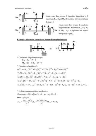 Résistance des Matériaux - 47 -
I.S.I.T.V.
Nous avons dans ce cas, 2 équations d'équilibre et 3
inconnues RA, RB et MA: le système est hyperstatique
de degré 1.
Nous avons dans ce cas, 2 équations
d'équilibre et 5 inconnues RA, RB, RC
et MA, MC: le système est hyper-
statique de degré 3.
Exemple: Résolution en utilisant les conditions géométriques
P
BA C
PRA
MA
BA
RC
C
a b
* Conditions d'équilibre statique:
0PRR CA =−+
0aPR)ba(M CA =−++
* Equation de la déformée
21
3
C
33
A
2
A
f
23
1
2
C
22
A
1
A
f
1,23
1
C
11
A
0
A3
0
C
00
A
1
A2
1
C
11
A
2
A
CXC6/)ba(XR6/aXP6/XR2/XM)X(uEI
C2/)ba(XR2/aXP2/XRXM)X(uEI
)ba(XRaXPXRXM)X(M
)ba(XRaXPXRXM)X(T
)ba(XRaXPXRXM)X(q
+++−+−−+−=
++−+−−+−=
+−+−−+−=
+−−−+−=
+−+−−+−=
−
−−−−
* Utilisation des conditions aux limites.
0)0(uet0)ba(u)0(uquesaitOn f
1,2
f
2
f
2 ==+=
Donc C1=C2=0
CA3
2
C2
22
A RPRet
L2
)aL3(Pa
R,
L2
)bL(Pb
M −=
−
=
−
=
PRA
MA
BA
RB
PRA
MA
BA
RB
P RC
MC
C
 