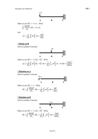 Résistance des Matériaux - 61 -
I.S.I.T.V.
A B C
1
.
Dans ce cas M3
I
= −1 × x . D'où:
M3
I
M3
II
EI3
dX1 = 1× uA
II
0
L
∫
soit
uA
II
=
1
EI3
ω
x3
2
dx
0
L
∫ =
ωL4
8EI3
* Flèche en B
Soit le système I suivant:
A B C
1
.
Dans ce cas M3
I
= −1 × x − L
2
1
. D'où:
uB
II
=
1
EI3
ω
x2
2
x − L
2
1
dx
0
L
∫ =
1
EI3
ω
x2
2
(x − L
2 ) dx
L /2
L
∫ =
17ωL4
384EI3
* Rotation en A
Soit le système I suivant:
A B C
1
.
Dans ce cas M3
I
= −1. D'où:
θA
II
=
M3
I
M3
II
EI3
dX10
L
∫ =
1
EI3
ω
x2
2
dx
0
L
∫ =
ωL3
6EI3
* Rotation en B
Soit le système I suivant:
A B C
1
.
Dans ce cas M3
I
= −1 × x − L
2
0
. D'où:
θB
II
=
M3
I
M3
II
EI3
dX10
L
∫ =
1
EI3
ω
x2
2
dx
L /2
L
∫ =
7ωL3
48EI3
 