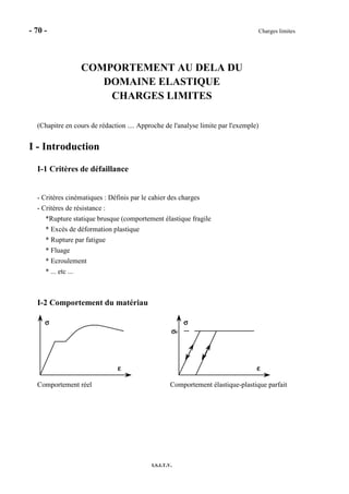 - 70 - Charges limites
I.S.I.T.V.
COMPORTEMENT AU DELA DU
DOMAINE ELASTIQUE
CHARGES LIMITES
(Chapitre en cours de rédaction .... Approche de l'analyse limite par l'exemple)
I - Introduction
I-1 Critères de défaillance
- Critères cinématiques : Définis par le cahier des charges
- Critères de résistance :
*Rupture statique brusque (comportement élastique fragile
* Excès de déformation plastique
* Rupture par fatigue
* Fluage
* Ecroulement
* ... etc ...
I-2 Comportement du matériau
εεεε
σσσσ
εεεε
σσσσ
σσσσe
Comportement réel Comportement élastique-plastique parfait
 
