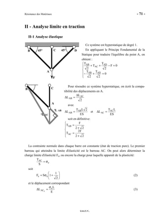 Résistance des Matériaux - 71 -
I.S.I.T.V.
II - Analyse limite en traction
II-1 Analyse élastique
Ce système est hyperstatique de degré 1.
En appliquant le Principe Fondamental de la
Statique pour traduire l'équilibre du point A, on
obtient :






=+−
=−++
0
2
T
2
T
0F
2
T
T
2
T
ADAB
AD
AC
AB
Pour résoudre ce système hyperstatique, on écrit la compa-
tibilité des déplacements en A.
2
L
L AC
AB
∆
=∆
avec
ES
2LT
L AB
AB =∆ et
ES
LT
L AC
AC =∆
soit en définitive:






+
=
+
=
22
F2
T
22
F
T
AC
AB
La contrainte normale dans chaque barre est constante (état de traction pure). Le premier
barreau qui atteindra la limite d'élasticité est le barreau AC. On peut alors déterminer la
charge limite d'élasticité Fe, ou encore la charge pour laquelle apparaît de la plasticité:
e
AC
S
T
σ=
soit






+σ=
2
1
1SF ee (2)
et le déplacement correspondant
E
L
L e
ACe
σ
=∆ (3)
A
B C D
F
45° 45°
A
B C
²L AB
²L AC
 