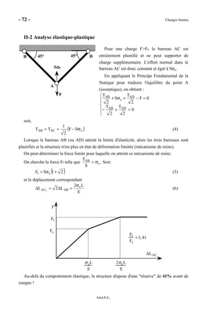 - 72 - Charges limites
I.S.I.T.V.
II-2 Analyse élastique-plastique
Pour une charge F>Fe le barreau AC est
entièrement plastifié et ne peut supporter de
charge supplémentaire. L'effort normal dans le
barreau AC est donc constant et égal à Sσe.
En appliquant le Principe Fondamental de la
Statique pour traduire l'équilibre du point A
(isostatique), on obtient :






=+−
=−+σ+
0
2
T
2
T
0F
2
T
S
2
T
ADAB
AD
e
AB
soit,
( )eACAB SF
2
1
TT σ−== (4)
Lorsque le barreau AB (ou AD) atteint la limite d'élasticité, alors les trois barreaux sont
plastifiés et la structure n'est plus en état de déformation limitée (mécanisme de ruine).
On peut déterminer la force limite pour laquelle on atteint ce mécanisme de ruine:
On cherche la force Fl telle que e
AB
S
T
σ= . Soit:
( )21SF el +σ= (5)
et le déplacement correspondant
E
L2
L2L e
ABACl
σ
=∆=∆ (6)
2σeL
E
σeL
E
∆LAC
F
Fl
Fe
Fl
Fe
=1, 41
Au-delà du comportement élastique, la structure dispose d'une "réserve" de 41% avant de
rompre !
A
B D
F
45° 45°
Sσσσσe
 