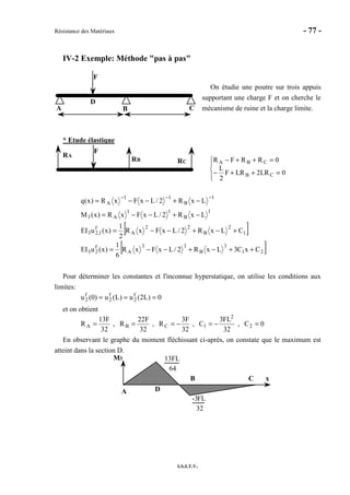 Résistance des Matériaux - 77 -
I.S.I.T.V.
IV-2 Exemple: Méthode "pas à pas"
On étudie une poutre sur trois appuis
supportant une charge F et on cherche le
mécanisme de ruine et la charge limite.
* Etude élastique




=++−
=++−
0LR2LRF
2
L
0RRFR
CB
CBA
[ ]
[ ]21
3
B
33
A
f
23
1
2
B
22
A
f
1,23
1
B
11
A3
1
B
11
A
CxC3LxR2/LxFxR
6
1
)x(uEI
CLxR2/LxFxR
2
1
)x(uEI
LxR2/LxFxR)x(M
LxR2/LxFxR)x(q
++−+−−=
+−+−−=
−+−−=
−+−−=
−−−
Pour déterminer les constantes et l'inconnue hyperstatique, on utilise les conditions aux
limites:
0)L2(u)L(u)0(u f
2
f
2
f
2 ===
et on obtient
0C,
32
FL3
C,
32
F3
R,
32
F22
R,
32
F13
R 2
2
1CBA =−=−===
En observant le graphe du moment fléchissant ci-après, on constate que le maximum est
atteint dans la section D.
M3
x
A
B C
D
13FL
64
-3FL
32
A B C
D
F
F
RA
RB RC
 