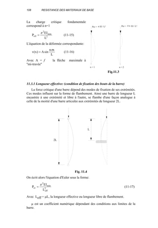 108 RESISTANCE DES MATERIAUX DE BASE
La charge critique fondamentale
correspond à n=1
2
min
2
crI
L
EI
P
π
= (11-15)
L'équation de la déformée correspondante:
L
xn
sinA)x(v
π
= (11-16)
Avec A = f la flèche maximale à
''mi-travée''
11.3.1 Longueur effective: (condition de fixation des bouts de la barre)
La force critique d'une barre dépend des modes de fixation de ses extrémités.
Ces modes influent sur la forme de flambement. Ainsi une barre de longueur L
encastrée à une extrémité et libre à l'autre, se flambe d'une façon analogue à
celle de la moitié d'une barre articulée aux extrémités de longueur 2L.
On écrit alors l'équation d'Euler sous la forme:
2
eff
min
2
cr
L
EI
P
π
= (11-17)
Avec Leff = µL, la longueur effective ou longueur libre de flambement.
µ est un coefficient numérique dépendant des conditions aux limites de la
barre.
Pcr = 4 π EI / L²
n = 2
Pcr = π EI / L²
n = 1
Fig.11.3
2L
L
Fig. 11.4
 