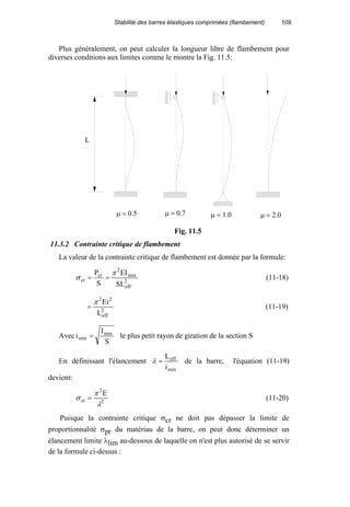 Stabilité des barres élastiques comprimées (flambement) 109
Plus généralement, on peut calculer la longueur libre de flambement pour
diverses conditions aux limites comme le montre la Fig. 11.5:
11.3.2 Contrainte critique de flambement
La valeur de la contrainte critique de flambement est donnée par la formule:
2
eff
min
2
cr
cr
SL
EI
S
P π
σ == (11-18)
2
eff
22
L
Eiπ
= (11-19)
Avec
S
I
i min
min = le plus petit rayon de giration de la section S
En définissant l'élancement
min
eff
i
L
=λ de la barre, l'équation (11-19)
devient:
2
2
cr
E
λ
π
σ = (11-20)
Puisque la contrainte critique σcr ne doit pas dépasser la limite de
proportionnalité σpr du matériau de la barre, on peut donc déterminer un
élancement limite λlim au-dessous de laquelle on n'est plus autorisé de se servir
de la formule ci-dessus :
µ = 2.0µ = 1.0µ = 0.7µ = 0.5
L
Fig. 11.5
 