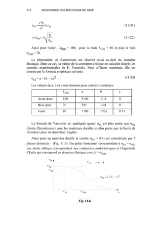 110 RESISTANCE DES MATERIAUX DE BASE
pr2
2
cr
E
σ
λ
π
σ ≤= (11-21)
pr
lim
E
σ
πλ =⇒ (11-22)
Ainsi pour l'acier, λlim = 100; pour la fonte λlim = 80 et pour le bois
λlim = 70.
Le phénomène de flambement est observé aussi au-delà du domaine
élastique. Dans ce cas, la valeur de la contrainte critique est calculée d'après les
données expérimentales de F. Yassinski. Pour diffèrent matériaux elle est
donnée par la formule empirique suivante:
σcr = a - bλ + cλ2 (11-23)
Les valeurs de a, b et c sont données pour certains matériaux:
λlim a b c
Acier doux 100 3100 11.4 0
Bois (pin) 70 293 1.94 0
Fonte 80 7760 120ý 0.53
La formule de Yassinski est appliquée quand σcr est plus petite que σec
(limite d'écoulement) pour les matériaux ductiles et plus petite que la limite de
résistance pour les matériaux fragiles.
Ainsi pour un matériau ductile la courbe σcr = f(λ) est caractérisée par 3
phases distinctes (Fig. 11.6): Un palier horizontal correspondant à σcr = σec,
une droite oblique correspondant aux contraintes post-elastiques et l'hyperbole
d'Euler qui correspond au domaine élastique avec λ > λlim.
λ
σcr
σ ec
σ pr
λ limλ 0
σ cr = a - bλ
σ =πcr E / λ22
Fig. 11.6
 