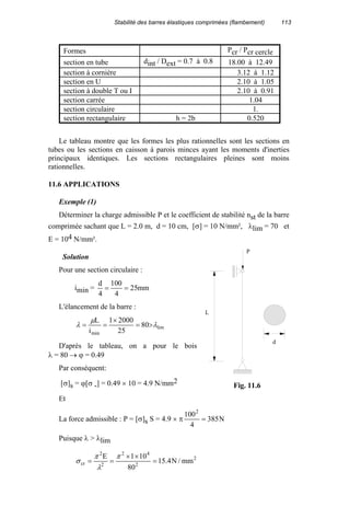 Stabilité des barres élastiques comprimées (flambement) 113
Formes Pcr / Pcr cercle
section en tube dint / Dext = 0.7 à 0.8 18.00 à 12.49
section à cornière 3.12 à 1.12
section en U 2.10 à 1.05
section à double T ou I 2.10 à 0.91
section carrée 1.04
section circulaire 1.
section rectangulaire h = 2b 0.520
Le tableau montre que les formes les plus rationnelles sont les sections en
tubes ou les sections en caisson à parois minces ayant les moments d'inerties
principaux identiques. Les sections rectangulaires pleines sont moins
rationnelles.
11.6 APPLICATIONS
Exemple (1)
Déterminer la charge admissible P et le coefficient de stabilité nst de la barre
comprimée sachant que L = 2.0 m, d = 10 cm, [σ] = 10 N/mm², λlim = 70 et
E = 104 N/mm².
Solution
Pour une section circulaire :
imin = mm25
4
100
4
d
==
L'élancement de la barre :
lim
min
80
25
20001
i
L
λ
µ
λ >=
×
==
D'après le tableau, on a pour le bois
λ = 80 → ϕ = 0.49
Par conséquent:
[σ]s = ϕ[σ -] = 0.49 × 10 = 4.9 N/mm2
Et
La force admissible : P = [σ]s S = 4.9 × π N385
4
1002
=
Puisque λ > λlim
2
2
42
2
2
cr mm/N4.15
80
101E
=
××
==
π
λ
π
σ
L
P
d
Fig. 11.6
 