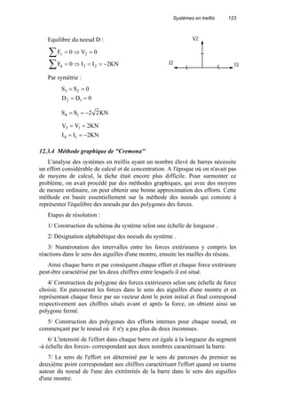 Systèmes en treillis 123
Equilibre du noeud D :
KN2II0F
0V0F
23h
2v
−==⇒=
=⇒=
∑
∑
Par symétrie :
0DD
0SS
12
23
==
==
KN22SS 14 −==
KN2II
KN2VV
14
13
−==
==
12.3.4 Méthode graphique de ''Cremona''
L'analyse des systèmes en treillis ayant un nombre élevé de barres nécessite
un effort considérable de calcul et de concentration. A l'époque où on n'avait pas
de moyens de calcul, la tâche était encore plus difficile. Pour surmonter ce
problème, on avait procédé par des méthodes graphiques, qui avec des moyens
de mesure ordinaire, on peut obtenir une bonne approximation des efforts. Cette
méthode est basée essentiellement sur la méthode des noeuds qui consiste à
représenter l'équilibre des noeuds par des polygones des forces.
Etapes de résolution :
1/ Construction du schéma du système selon une échelle de longueur .
2/ Désignation alphabétique des noeuds du système .
3/ Numérotation des intervalles entre les forces extérieures y compris les
réactions dans le sens des aiguilles d'une montre, ensuite les mailles du réseau.
Ainsi chaque barre et par conséquent chaque effort et chaque force extérieure
peut-être caractérisé par les deux chiffres entre lesquels il est situé.
4/ Construction du polygone des forces extérieures selon une échelle de force
choisie. En parcourant les forces dans le sens des aiguilles d'une montre et en
représentant chaque force par un vecteur dont le point initial et final correspond
respectivement aux chiffres situés avant et après la force, on obtient ainsi un
polygone fermé.
5/ Construction des polygones des efforts internes pour chaque noeud, en
commençant par le noeud où il n'y a pas plus de deux inconnues.
6/ L'intensité de l'effort dans chaque barre est égale à la longueur du segment
-à échelle des forces- correspondant aux deux nombres caractérisant la barre.
7/ Le sens de l'effort est déterminé par le sens de parcours du premier au
deuxième point correspondant aux chiffres caractérisant l'effort quand on tourne
autour du noeud de l'une des extrémités de la barre dans le sens des aiguilles
d'une montre.
I3I2
V2
 