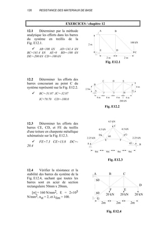 126 RESISTANCE DES MATERIAUX DE BASE
EXERCICES / chapitre 12
12.1 Déterminer par la méthode
analytique les efforts dans les barres
du système en treillis de la
Fig. E12.1.
AB=100 kN AD=141.4 kN
BC=141.4 kN AE=0 BD=-100 kN
DE=-200 kN CD=-100 kN
12.2 Déterminer les efforts des
barres concourant au point C du
système représenté sue la Fig. E12.2.
BC=-51.07 JC=-32.07
IC=70.70 CD=-100.0
12.3 Déterminer les efforts des
barres CE, CD, et FE du treillis
d'une toiture en charpente métallique
schématisée sur la Fig. E12.3.
FE=7.3 CE=13.8 DC=-
20.4
12.4 Vérifier la résistance et la
stabilité des barres du système de la
Fig. E12.4, sachant que toutes les
barres sont en acier de section
rectangulaire 50mm x 20mm,
[σ] = 160 N/mm2, E = 2×105
N/mm2, nst = 2, et λlim = 100.
A B C
D
EF
G
60
60
2m 2m 2m
20 kN20 kN20 kN
Fig. E12.4
2 m2 m
2 m
100 kN
A B
C
DE
Fig. E12.1
4 m 4 m 4 m 4 m
4 m
A
B
C D E
F
G
HIJ
200 kN
2.5m
Fig. E12.2
2.25 kN
4.5 kN
4.5 kN
4.5 kN
2.25 kN
60
A
D
C
G
B
E F
45
4m4m4m4m
Fig. E12.3
 