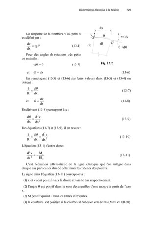 Déformation élastique à la flexion 129
La tangente de la courbure v au point x
est défini par :
θtg
dx
dv
= (13-4)
Pour des angles de rotations très petits
on assimile :
tgθ = θ (13-5)
et dl = dx (13-6)
En remplaçant (13-5) et (13-6) par leurs valeurs dans (13-3) et (13-4) on
obtient :
dx
d
R
1 θ
= (13-7)
et
dx
dv
=θ (13-8)
En dérivant (13-8) par rapport à x :
2
2
dx
vd
dx
d
=
θ
(13-9)
Des équations (13-7) et (13-9), il en résulte :
2
2
dx
vd
dx
d
R
1
==
θ
(13-10)
L'équation (13-1) s'écrira donc:
z
z
2
2
EI
M
dx
vd
−= (13-11)
C'est l'équation différentielle de la ligne élastique que l'on intègre dans
chaque cas particulier afin de déterminer les flèches des poutres.
Le signe dans l'équation (13-11) correspond à :
(1) x et v sont positifs vers la droite et vers le bas respectivement.
(2) l'angle θ est positif dans le sens des aiguilles d'une montre à partir de l'axe
x.
(3) M positif quand il tend les fibres inférieures.
(4) la courbure est positive si la courbe est concave vers le bas (M>0 et 1/R>0)
+dθ
dx
dl
v+dv
v θ
θ
R
G
G'
Fig. 13.2
 