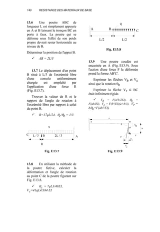 140 RESISTANCE DES MATERIAUX DE BASE
13.6 Une poutre ABC de
longueur L est simplement appuyée
en A et B laissant le tronçon BC en
porte à faux. La poutre qui se
déforme sous l'effet de son poids
propre devrait rester horizontale au
niveau de B.
Déterminer la position de l'appui B.
AB = 2L/3
13.7 Le déplacement d'un point
B situé à L/3 de l'extrémité libre
d'une console uniformément
chargée est empêché par
l'application d'une force R
(Fig. E13.7).
Trouver la valeur de R et le
rapport de l'angle de rotation à
l'extrémité libre par rapport à celui
du point B.
R=17qL/24, θc/θb = 1/3
13.8 En utilisant la méthode de
la poutre fictive, calculer la
déformation et l'angle de rotation
au point C de la poutre figurant sur
Fig. E13.8.
θc = 7qL3/48EI,
Vc=41qL4/384 EI
13.9 Une poutre coudée est
encastrée en A (Fig. E13.9). Sous
l'action d'une force F la déformée
prend la forme AB'C'.
Exprimer les flèches Vb et Vc
ainsi que la rotation θb
Exprimer la flèche Vr si BC
était infiniment rigide.
Vb = F(a²b/2EI), θb =
F(ab/EI), Vc = F(b²/EI)(a+b/3), Vr =
bθb=F(ab²/EI)
ABC 2L / 3L / 3
R
q
Fig. E13.7
q
A
L/2
B
L/2
C
Fig. E13.8
a
A B
C
F
B'
C'
V
V
V
b
þ
B
c
r
Fig. E13.9
 